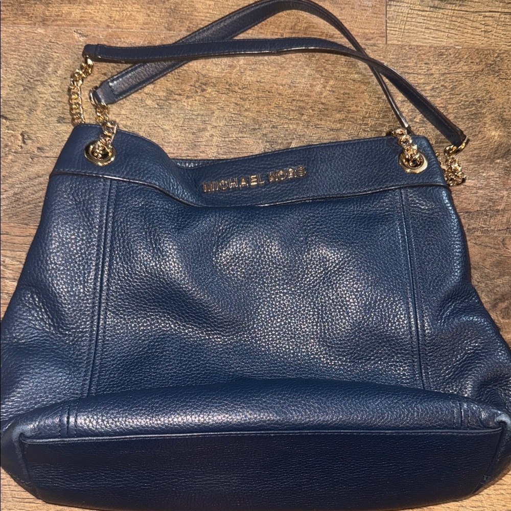 Michael Kors Dark Blue Pebbled Leather Shoulder Bag with Gold Accents